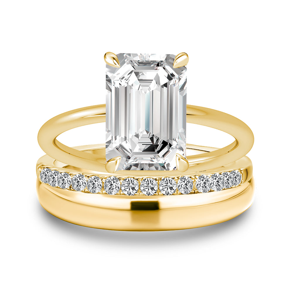 Moissanite 3.5 Ct Emerald Cut Yellow Gold Wedding Ring Set with Wide Band