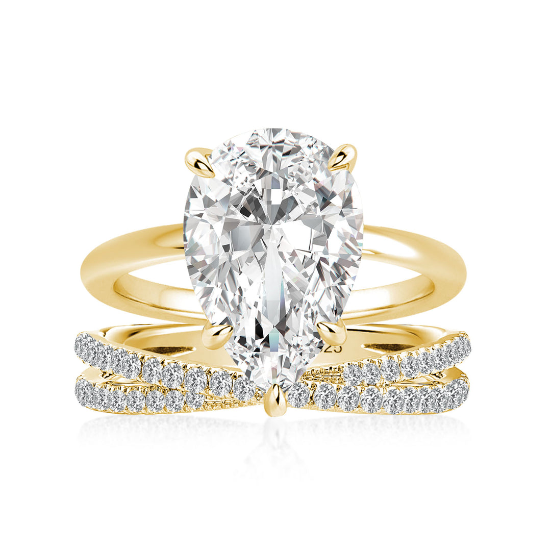 Moissanite 4.0 Ct Pear Cut Yellow Gold Wedding Ring With X Criss Cross Wedding Band