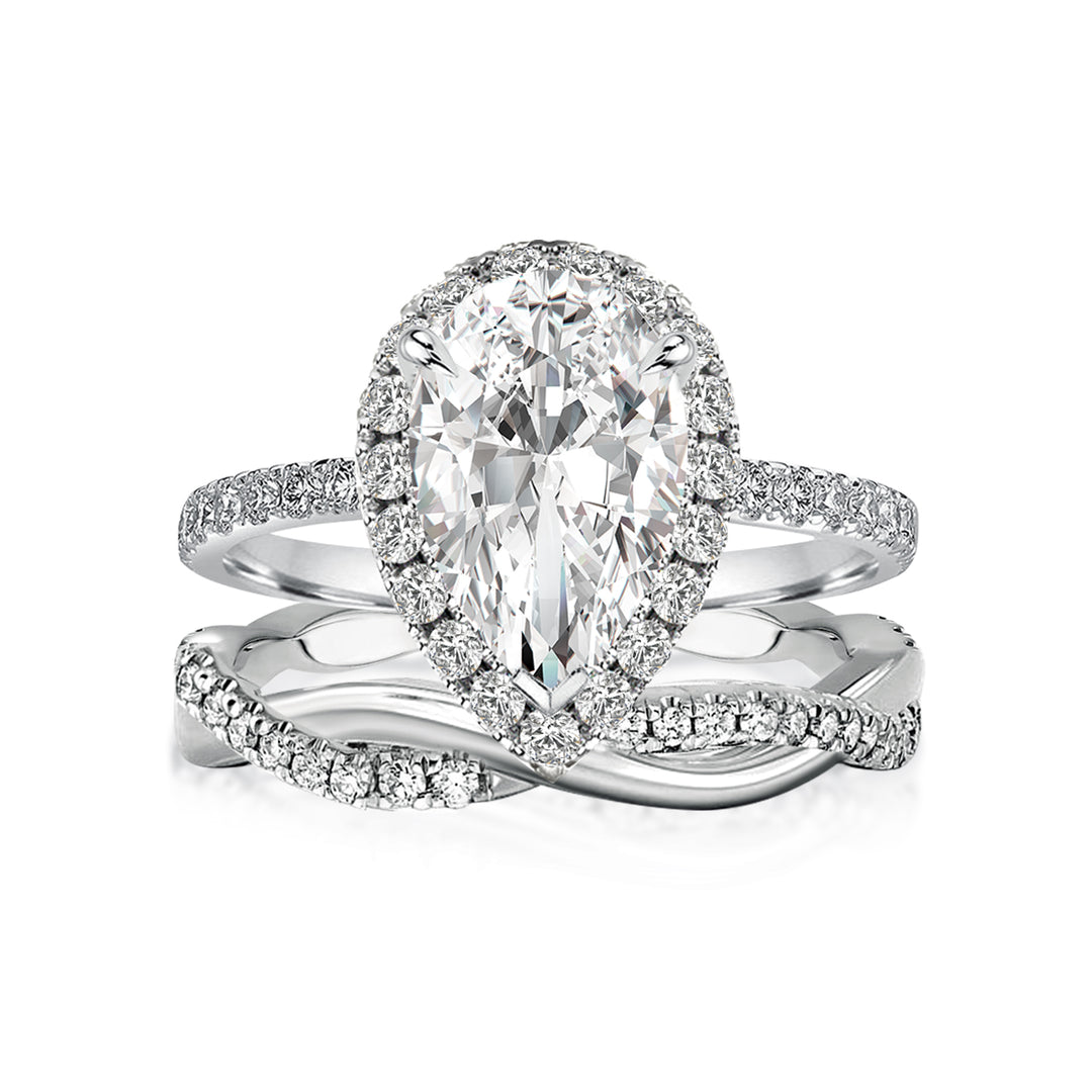 Moissanite 3.0Ct Halo Pear Cut White Gold Engagement Ring With Twist Wedding Ring