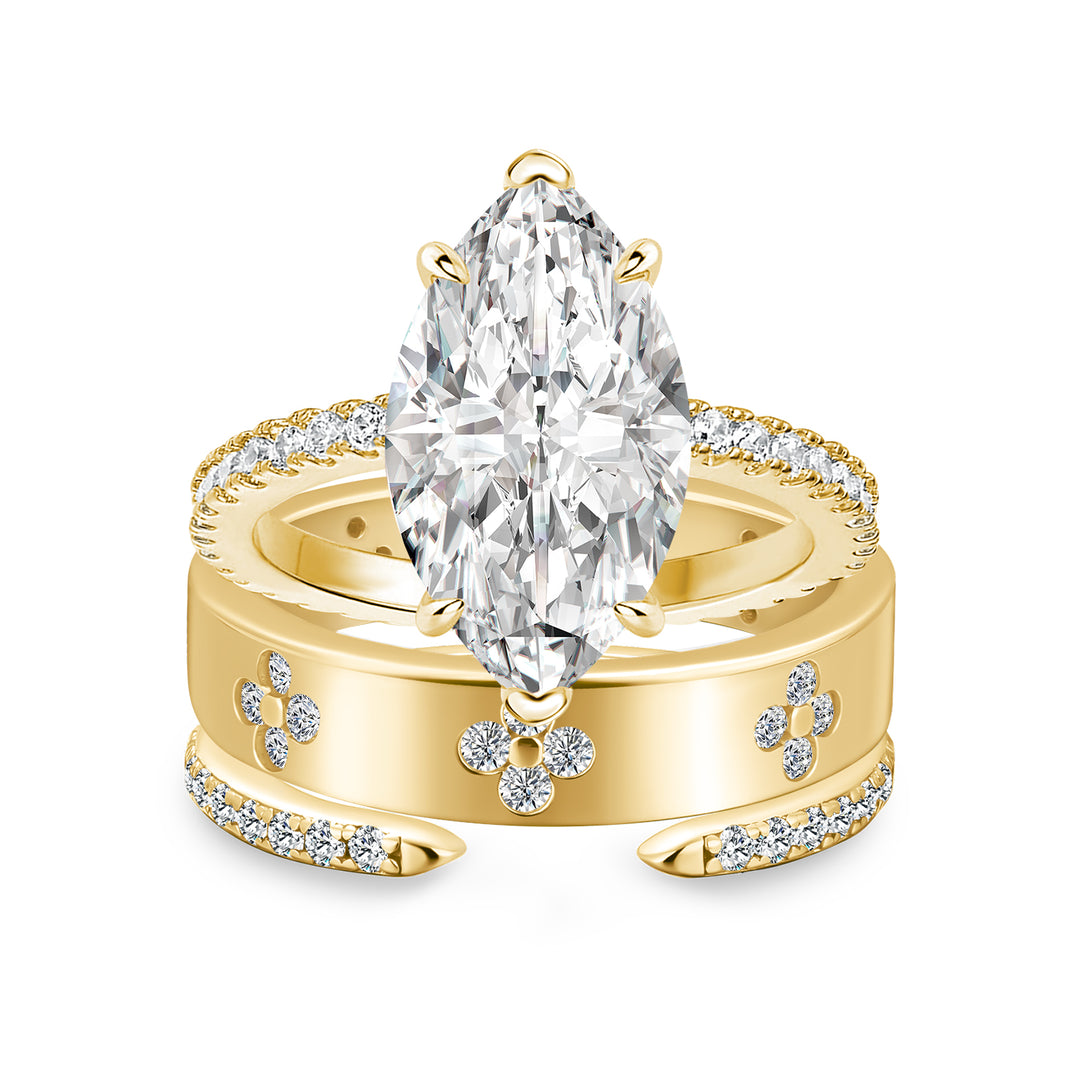 Moissanite 4.0Ct Marquise Cut Yellow Gold Open Clover Wide Wedding Ring