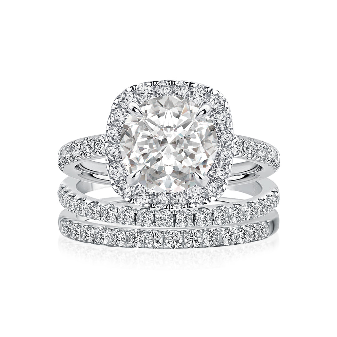 Moissanite 2.0 Ct Halo Round Cut White Gold Promise Ring with Full Eternity Thin Wedding Band