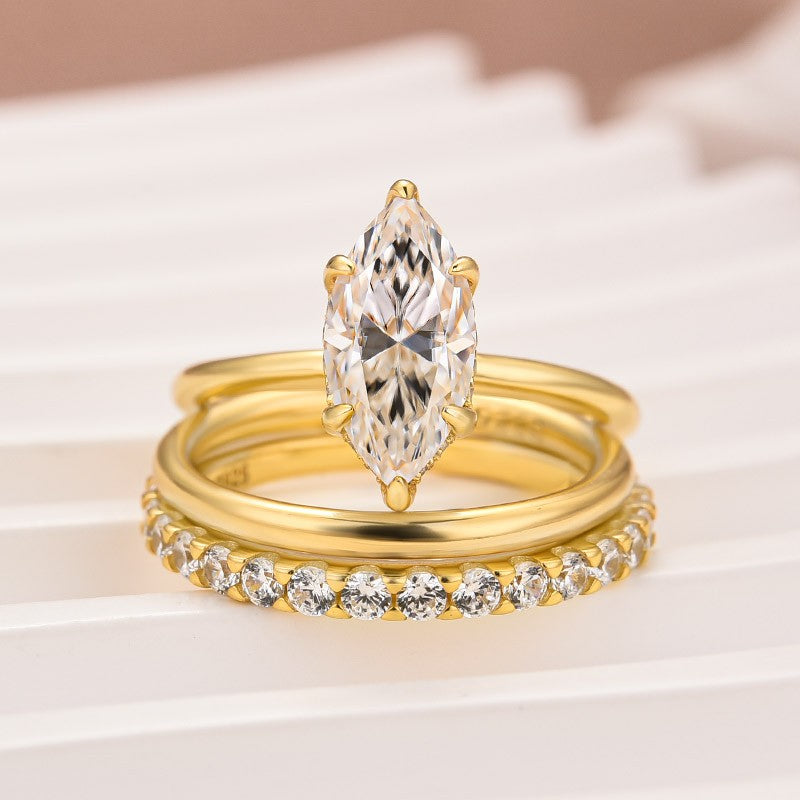 Moissanite 2.0 Ct Marquise Cut Solitaire Yellow Gold Promise Ring with Half Round Cut Anniversary Ring