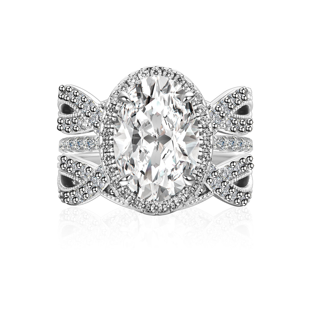 Moissanite 4.0Ct Halo Oval Cut White Gold Stack Wedding Ring with Enhancer Wedding Band