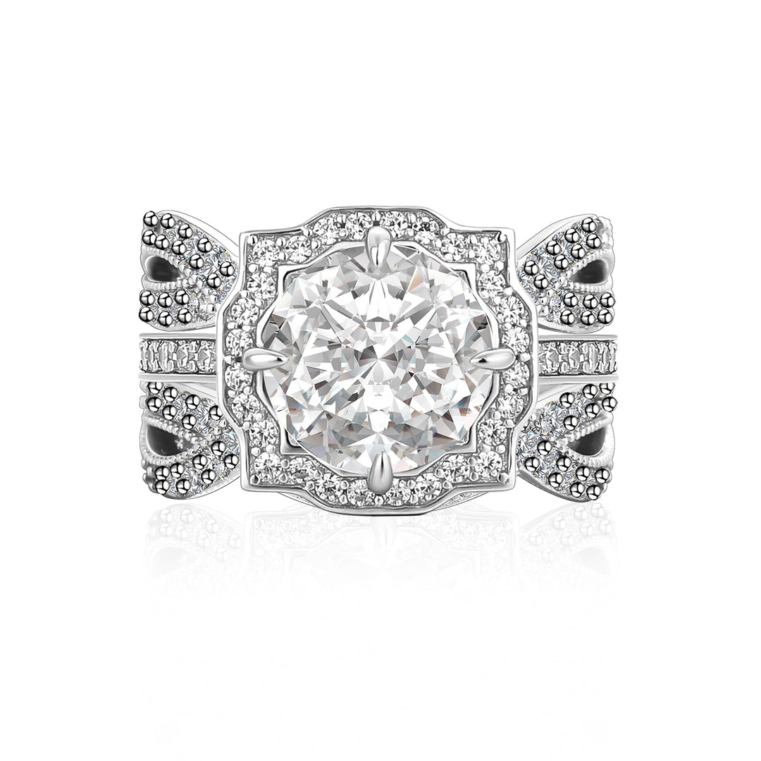 Moissanite 3.0Ct Halo Round Cut White Gold Stack Wedding Ring with Enhancer Wedding Band
