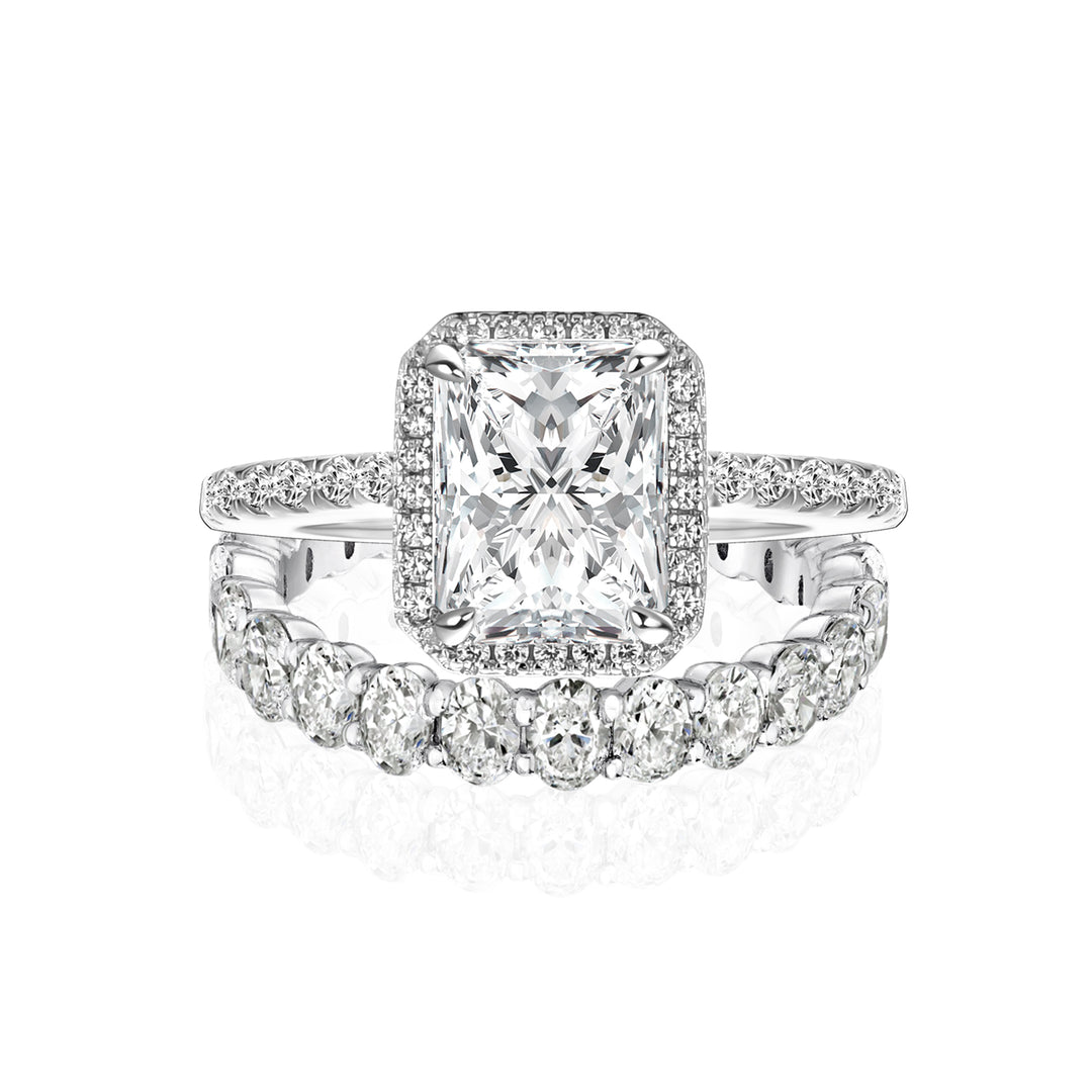 Moissanite 3.0Ct Halo Radiant Cut White Gold Wedding Ring with Oval Cut Wedding Band