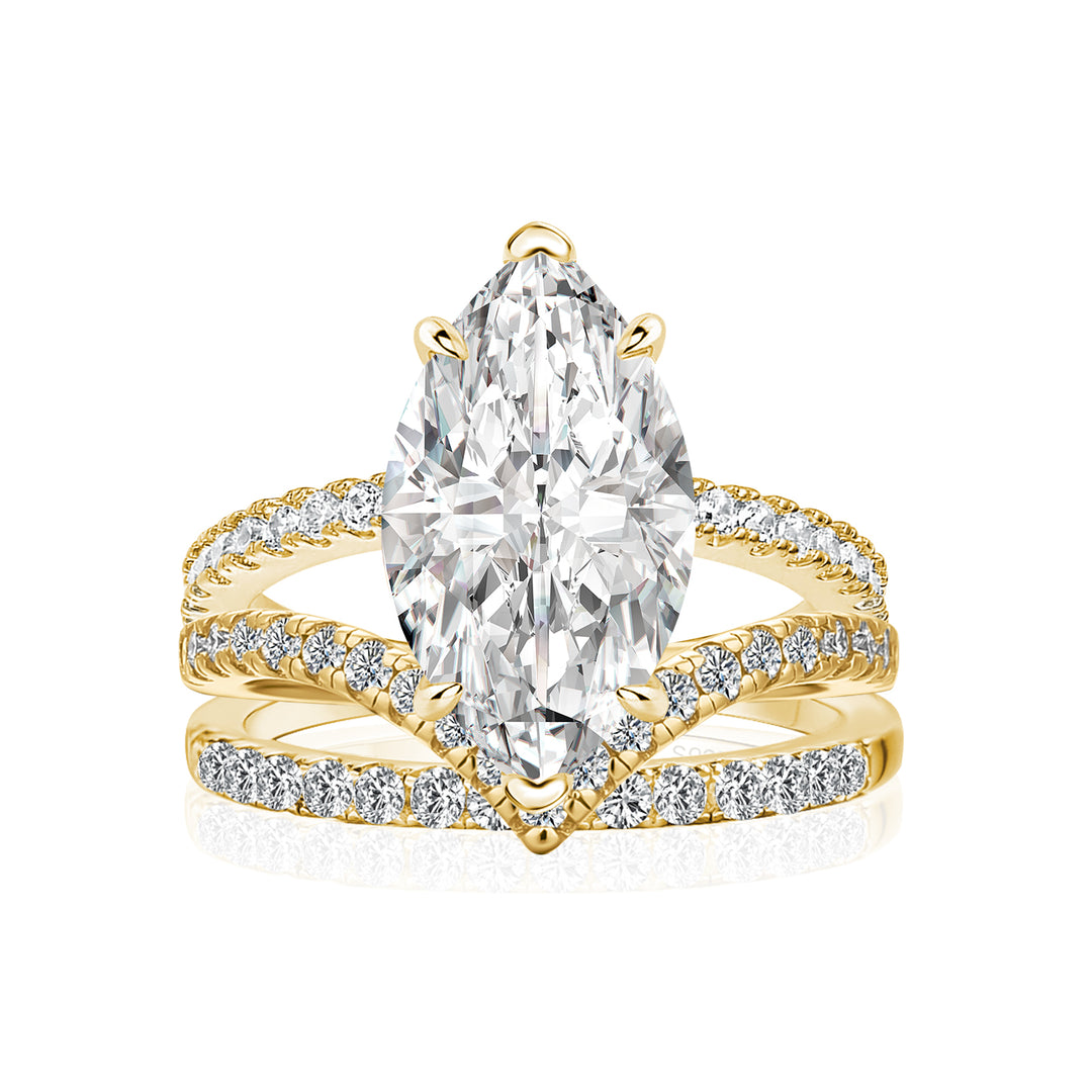 Moissanite 4.0Ct Marquise Cut Yellow Gold Wedding Ring with V Contour Wedding Band