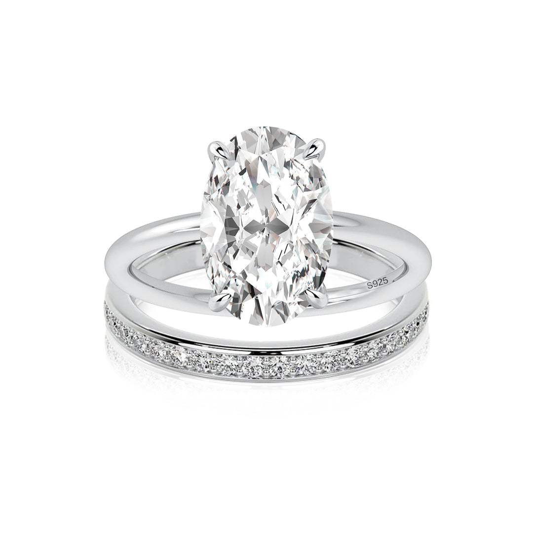 Moissanite 4.0Ct Solitaire Oval Cut White Gold Wedding Ring with Pavé Eternity Ring