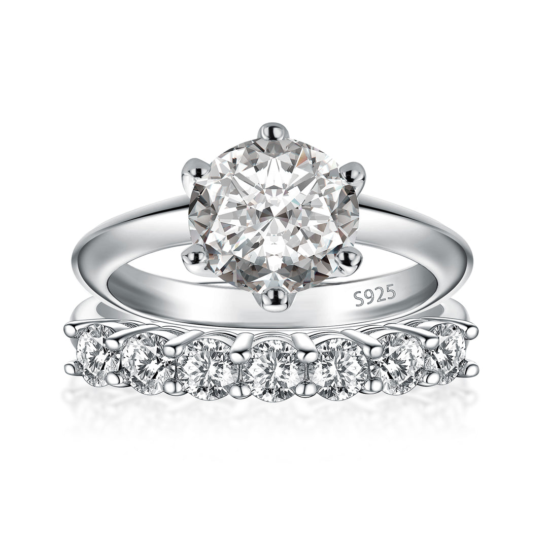 Moissanite 2.0 Ct ~3.0 Ct Round Cut 6 Prong White Gold Engagement Ring with Round Cut White Gold Women's Wedding Band