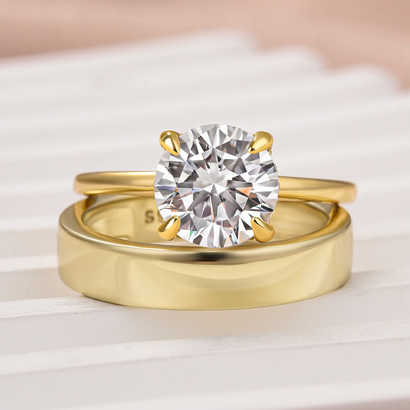 Rodiffy Moissanite 2.0 Ct Round Cut Yellow Gold Wedding Ring Set with Wide Band