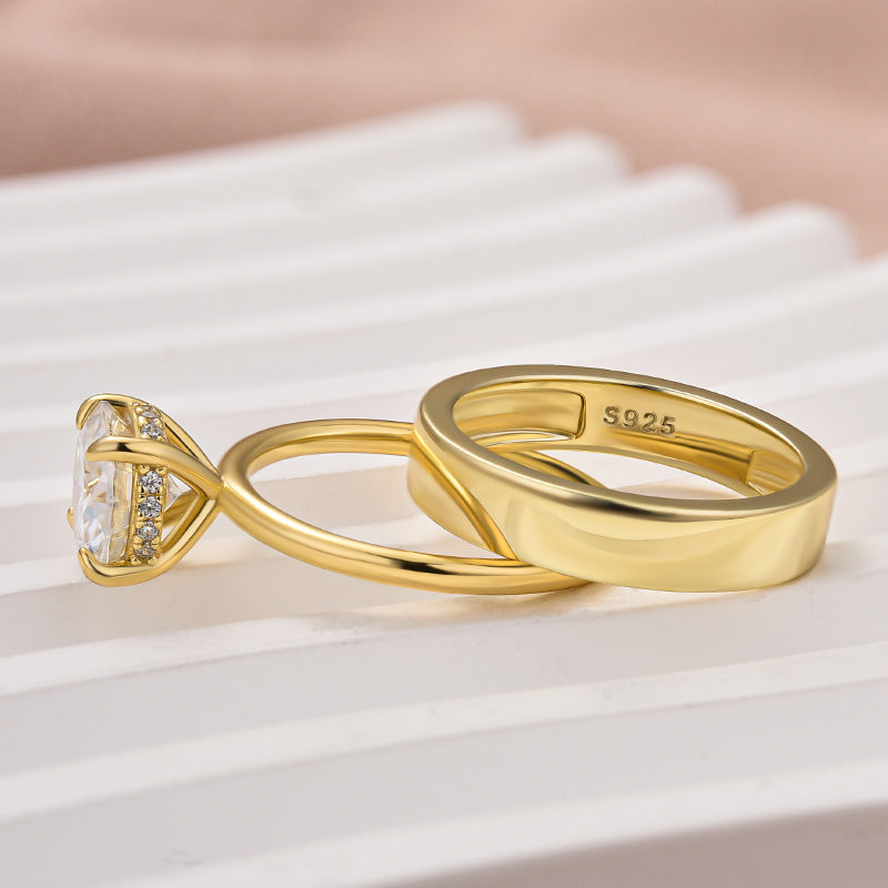 Rodiffy Moissanite 2.0 Ct Round Cut Yellow Gold Wedding Ring Set with Wide Band