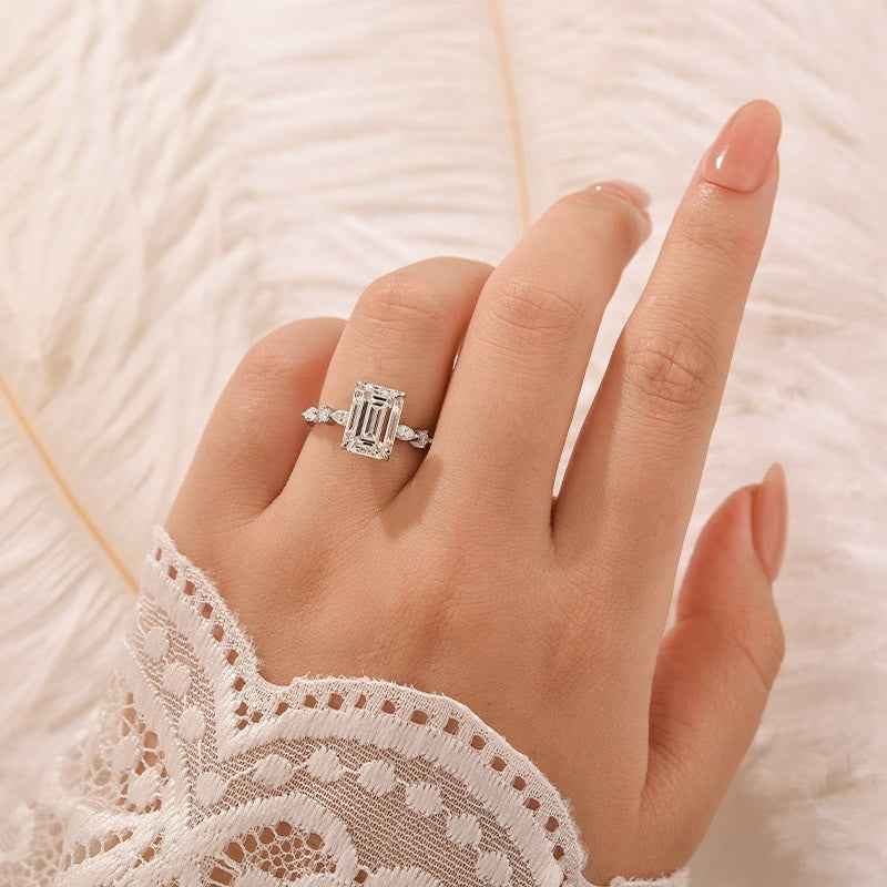 Moissanite 3.5 Carat Emerald Cut Classic Engagement Ring In Sterling Silver