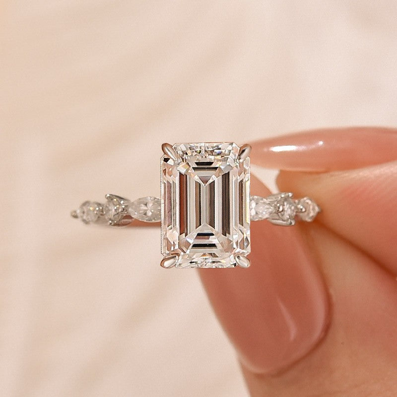 Moissanite 3.5 Carat Emerald Cut Classic Engagement Ring In Sterling Silver