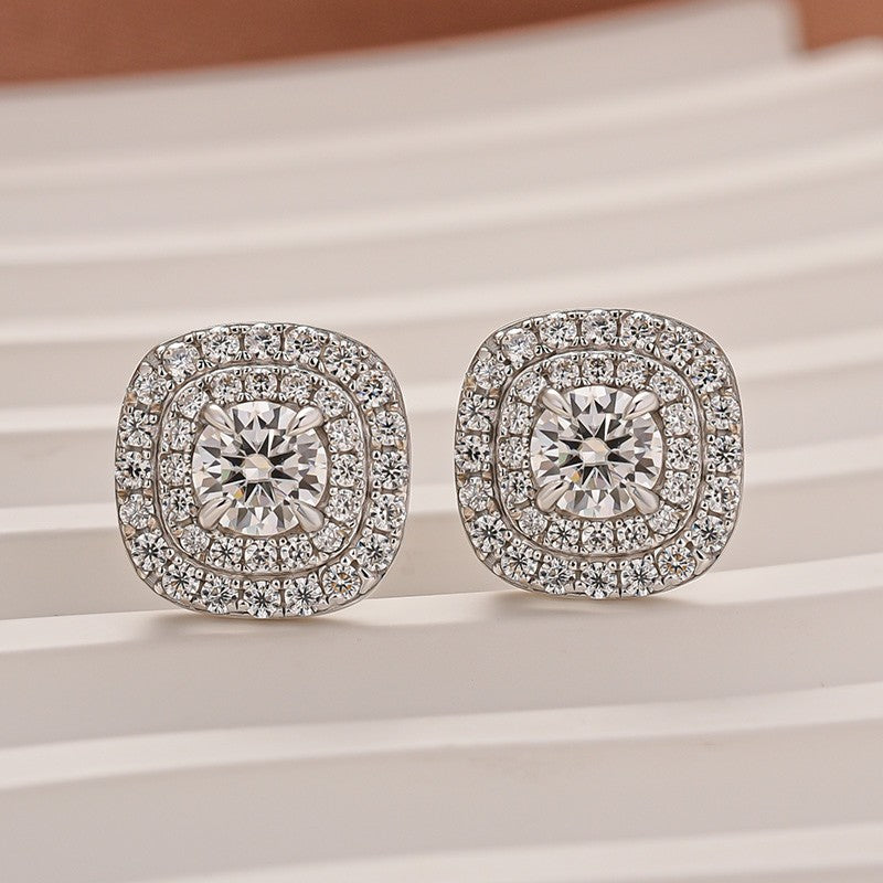 Moissanite 0.9Ct Double Halo Round Cut Stud Earrings In Sterling Silver