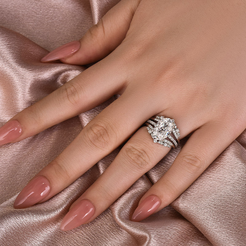 Moissanite 4.0Ct Oval Cut White Gold Stack Wedding Ring with Jacket Wedding Band