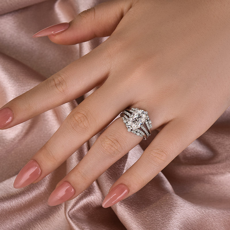 Moissanite 4.0Ct Oval Cut White Gold Stack Wedding Ring with Jacket Wedding Band