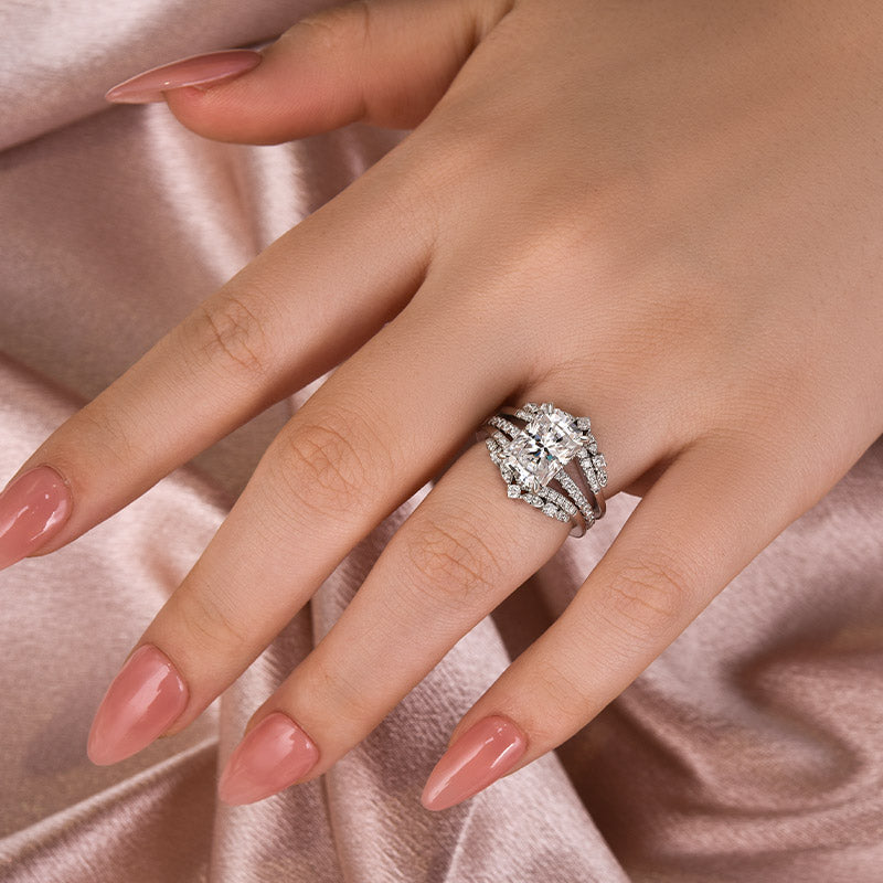 Moissanite 3.5Ct Radiant Cut White Gold Stack Wedding Ring with Jacket Wedding Band