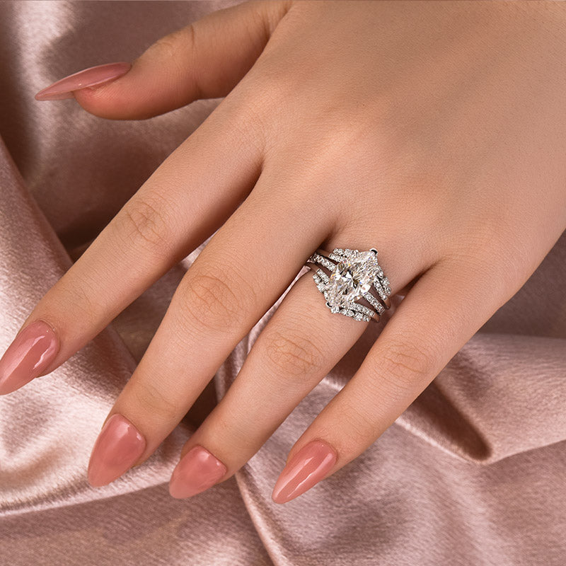 Moissanite 4.0Ct Marquise Cut White Gold Stack Wedding Ring with Jacket Wedding Band
