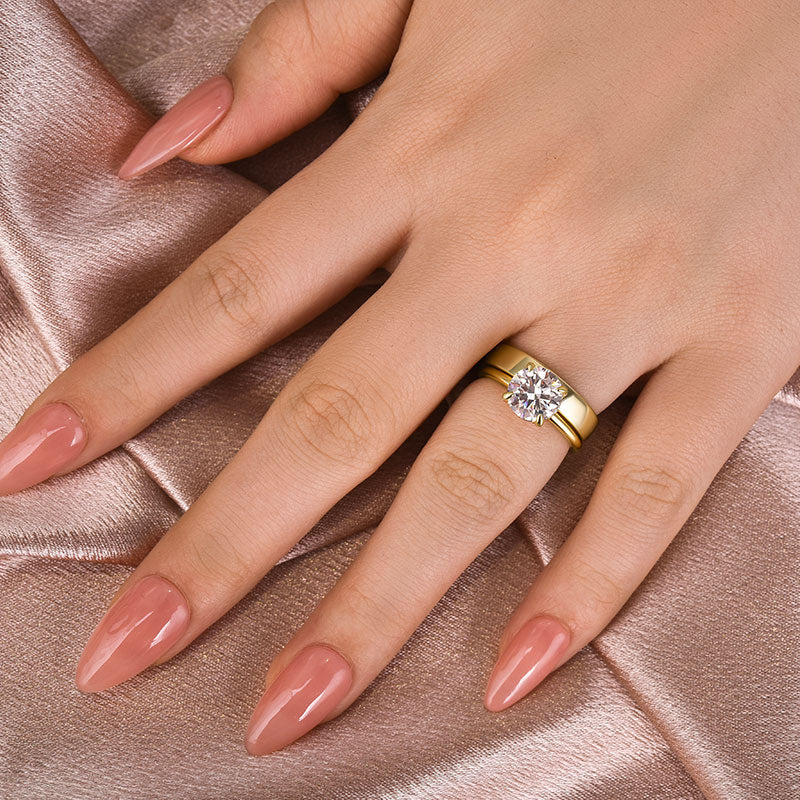 Rodiffy Moissanite 2.0 Ct Round Cut Yellow Gold Wedding Ring Set with Wide Band