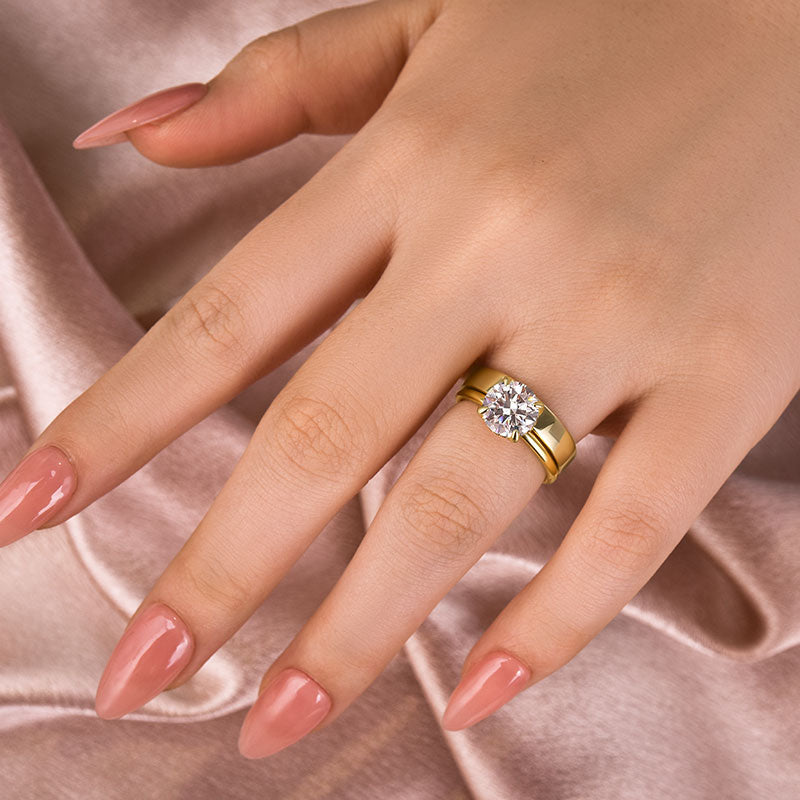 Rodiffy Moissanite 2.0 Ct Round Cut Yellow Gold Wedding Ring Set with Wide Band