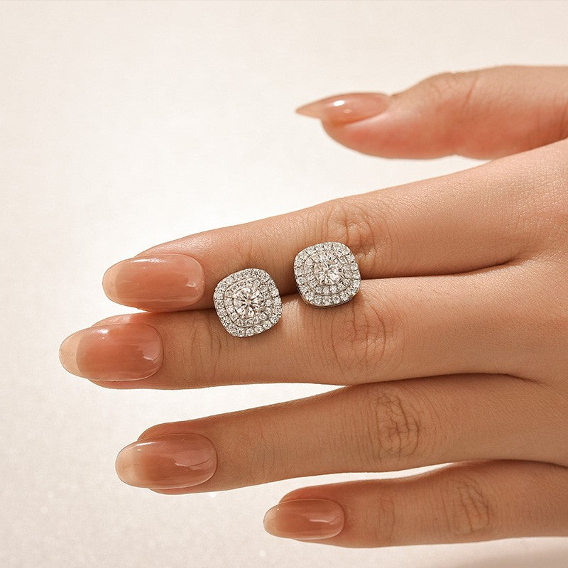 Moissanite 0.9Ct Double Halo Round Cut Stud Earrings In Sterling Silver