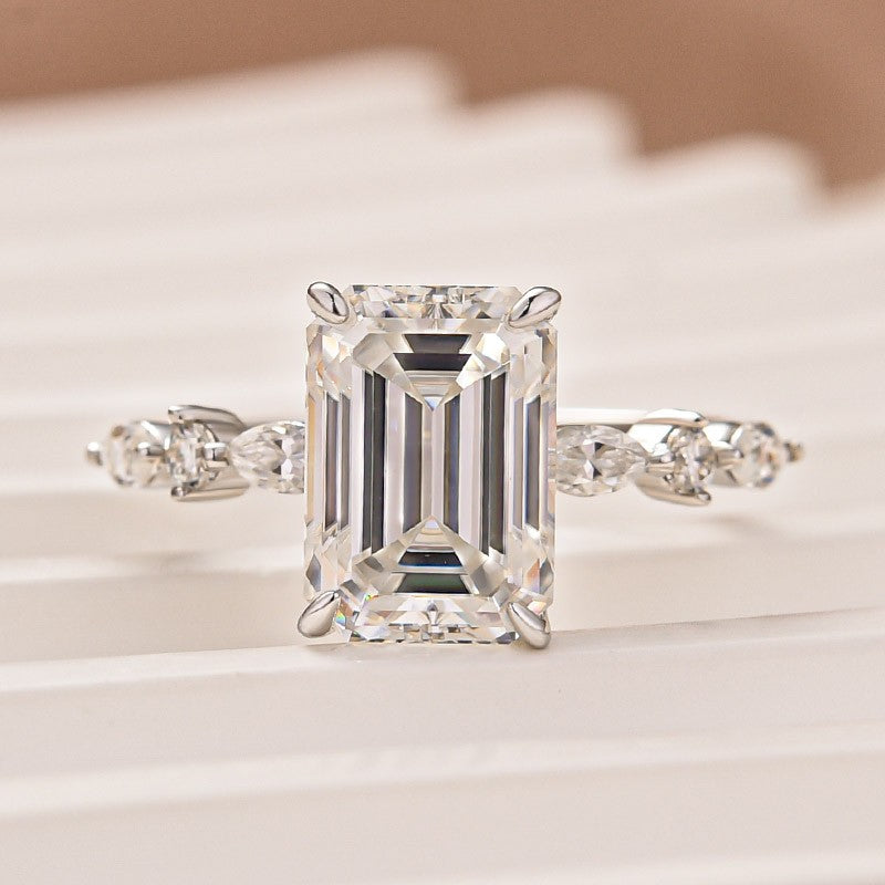 Moissanite 3.5 Carat Emerald Cut Classic Engagement Ring In Sterling Silver