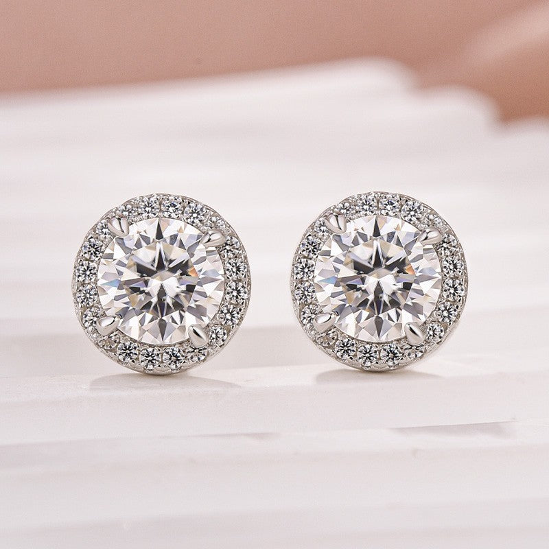 Moissanite 1.2Ct Halo Round Cut White Gold Stub Earrings