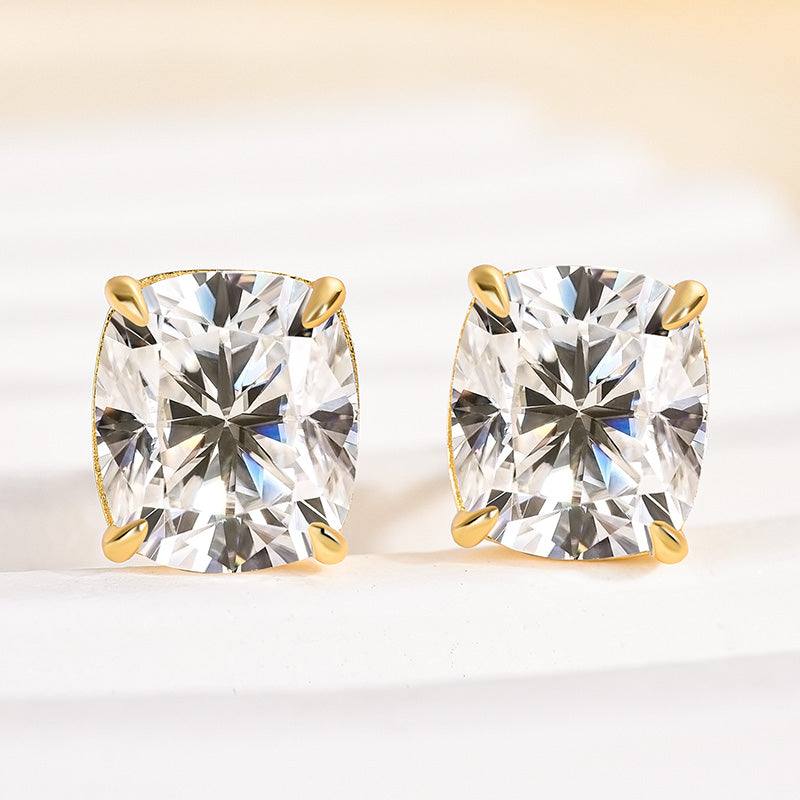 Rodiffy Moissanite 2.0 Ct Diamond Yellow Gold 4 Prong Cushion Stud Earrings