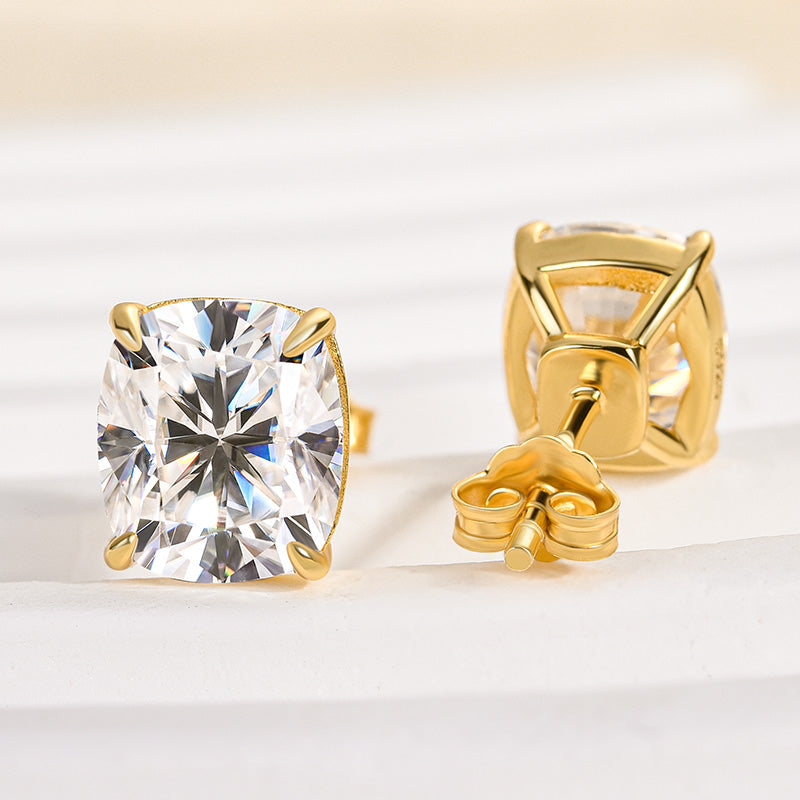 Rodiffy Moissanite 2.0 Ct Diamond Yellow Gold 4 Prong Cushion Stud Earrings