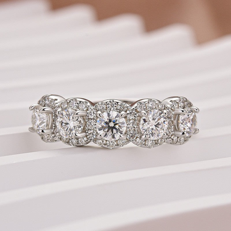 Moissanite Halo Five Stone White Gold Anniversary Ring In Sterling Silver
