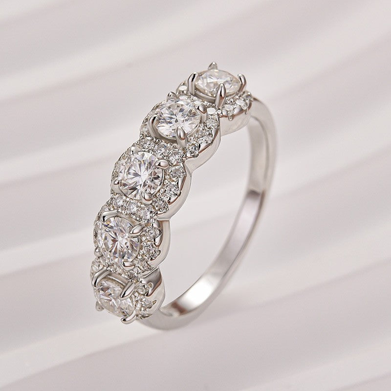 Moissanite Halo Five Stone White Gold Anniversary Ring In Sterling Silver