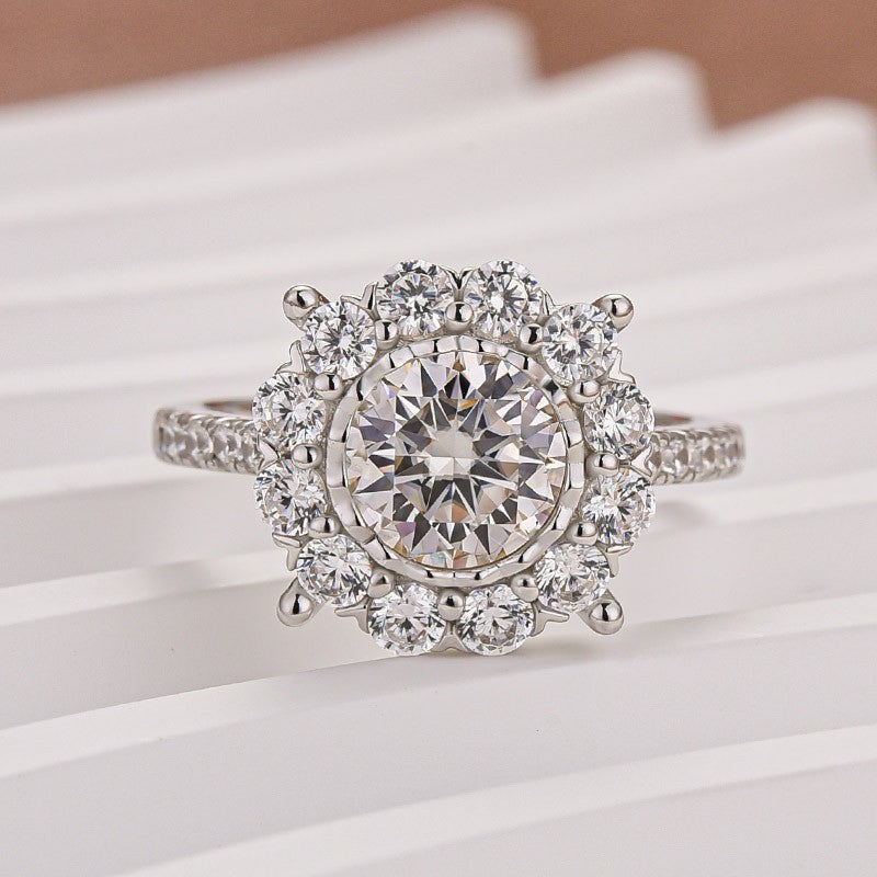 Moissanite 1.2Ct Halo Round Cut White Gold Engagement Ring