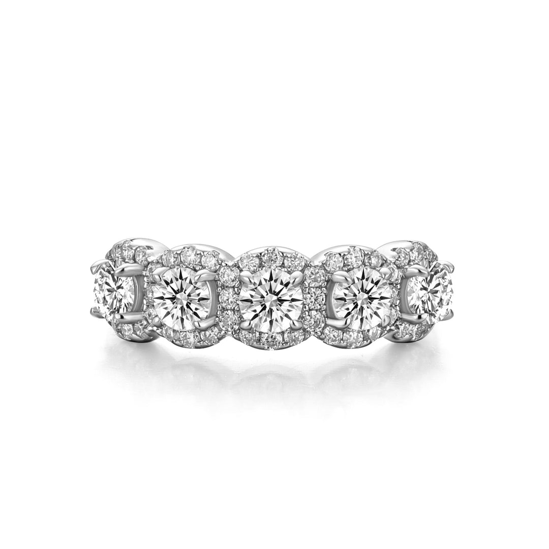Moissanite Halo Five Stone White Gold Anniversary Ring In Sterling Silver