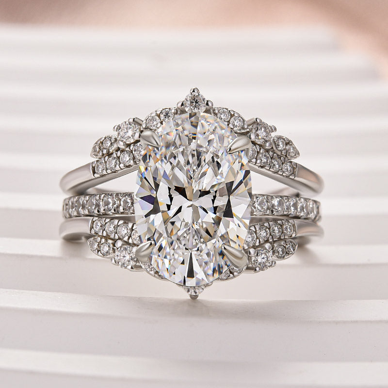 Moissanite 4.0Ct Oval Cut White Gold Stack Wedding Ring with Jacket Wedding Band
