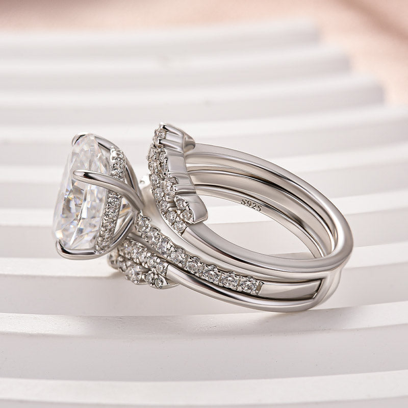 Moissanite 4.0Ct Oval Cut White Gold Stack Wedding Ring with Jacket Wedding Band
