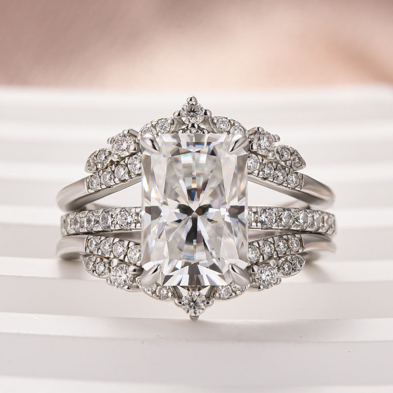 Moissanite 3.5Ct Radiant Cut White Gold Stack Wedding Ring with Jacket Wedding Band