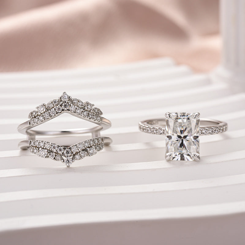 Moissanite 3.5Ct Radiant Cut White Gold Stack Wedding Ring with Jacket Wedding Band