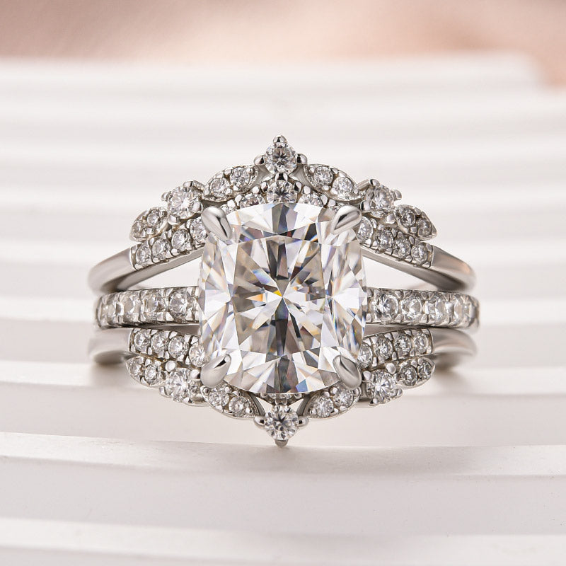 Moissanite 3.0Ct Cushion Cut White Gold Stack Wedding Ring with Jacket Wedding Band