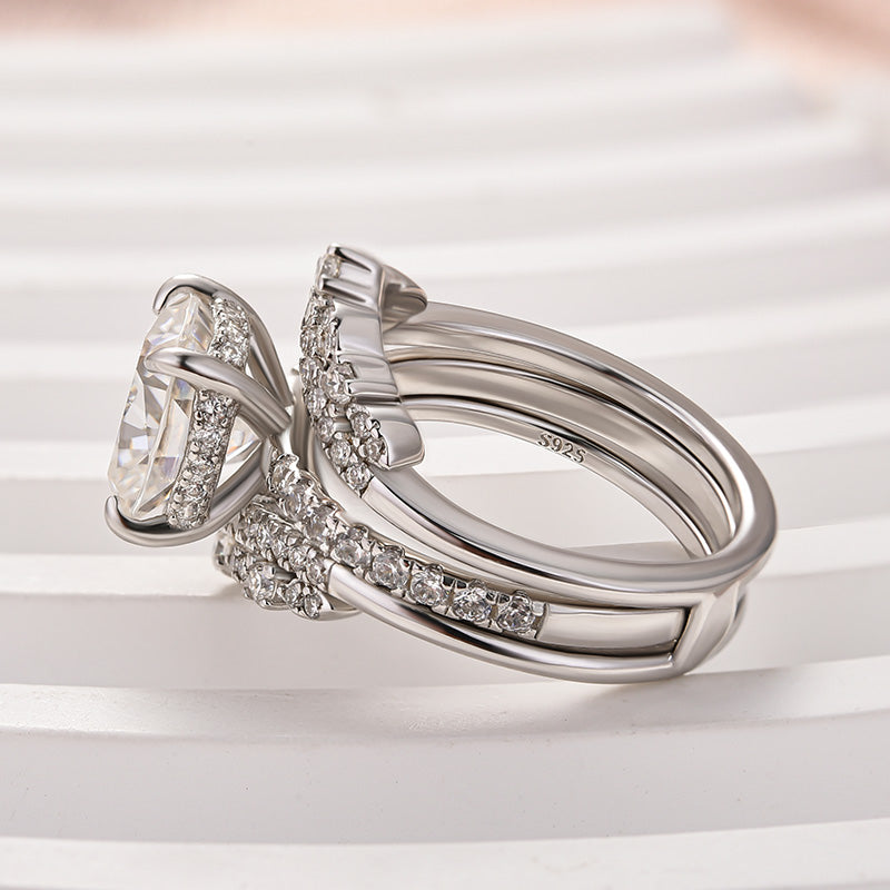 Moissanite 3.0Ct Cushion Cut White Gold Stack Wedding Ring with Jacket Wedding Band