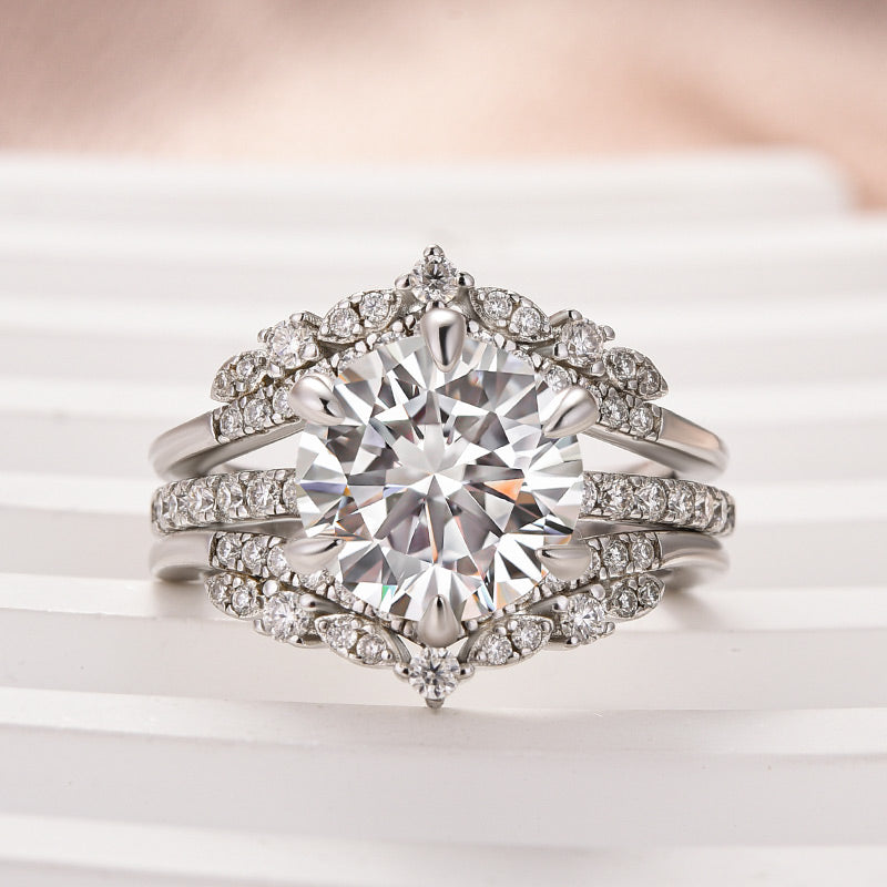 Moissanite 3.0Ct Round Cut White Gold Stack Wedding Ring with Jacket Wedding Band