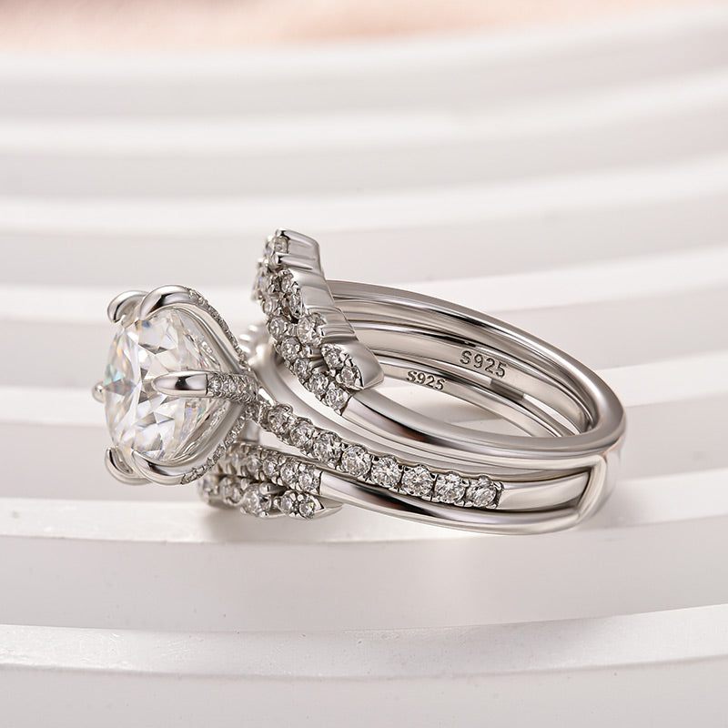 Moissanite 3.0Ct Round Cut White Gold Stack Wedding Ring with Jacket Wedding Band