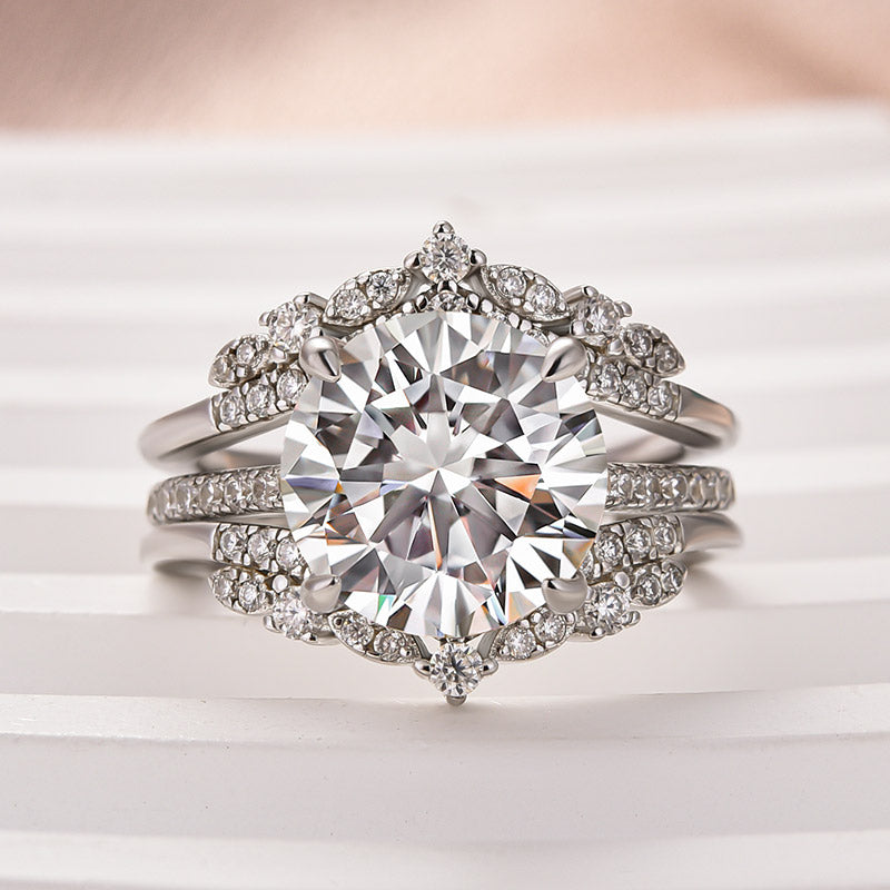 Moissanite 4.0Ct Round Cut 4 Prong Stack Wedding Ring with Jacket Wedding Band