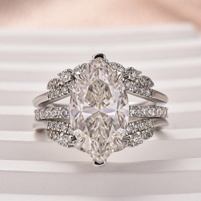 Moissanite 4.0Ct Marquise Cut White Gold Stack Wedding Ring with Jacket Wedding Band