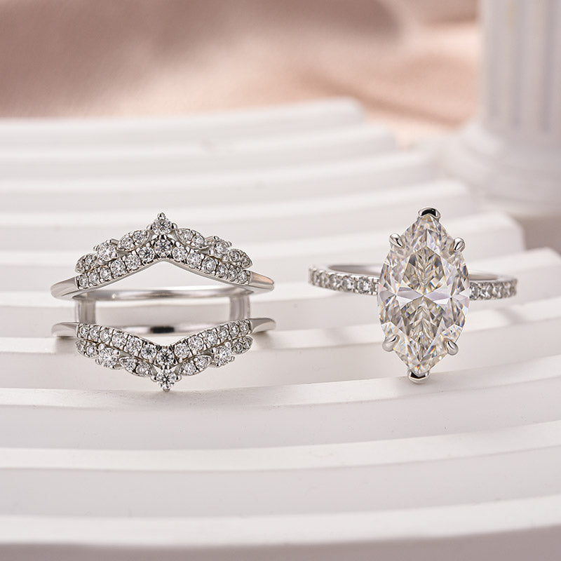 Moissanite 4.0Ct Marquise Cut White Gold Stack Wedding Ring with Jacket Wedding Band