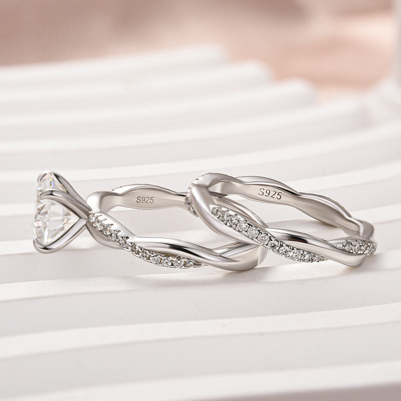 Rodiffy Moissanite 2.0 Ct Twist White Gold Pave Wedding Ring Set