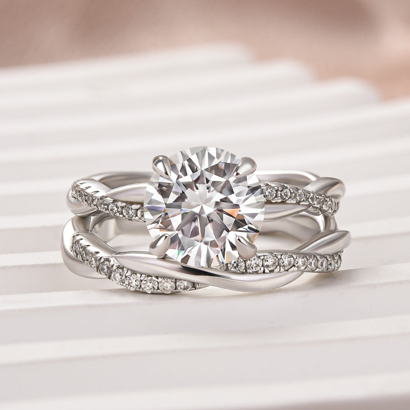 Rodiffy Moissanite 2.0 Ct Twist White Gold Pave Wedding Ring Set