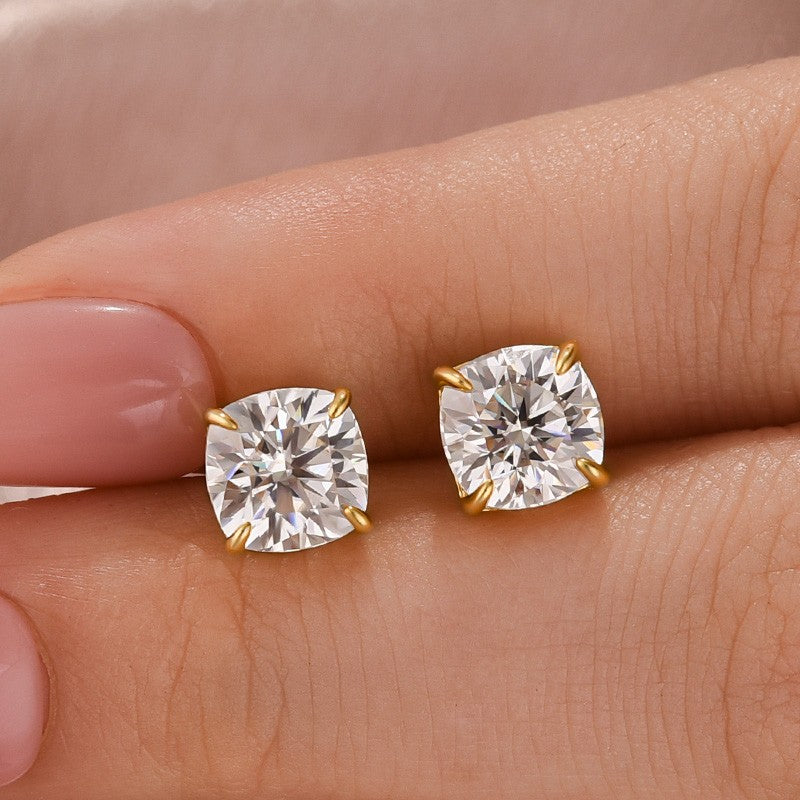 Moissanite 2.0Ct Cushion Cut Yellow Gold Stub Earrings