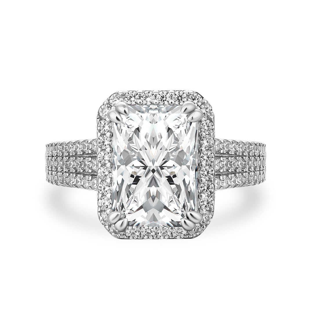 Moissanite Halo Three Shank 3.5Ct Radiant Cut White Gold Engagement Ring