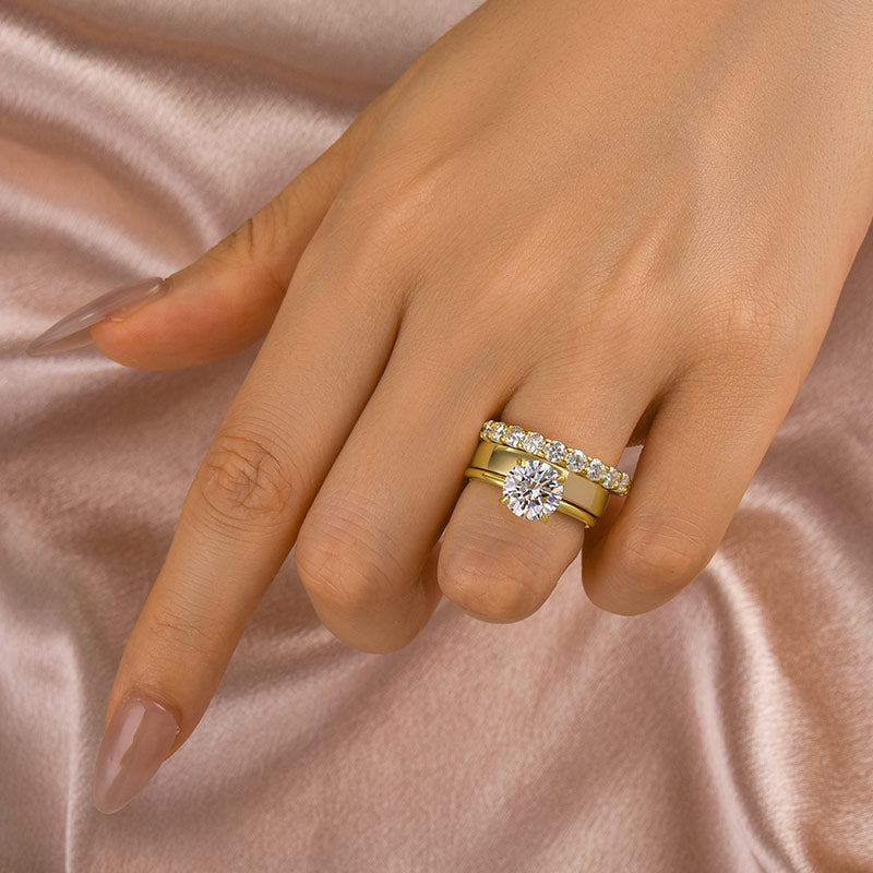 Rodiffy Moissanite 2.0 Ct Round Cut Yellow Gold Wedding Ring Set with Wide Band