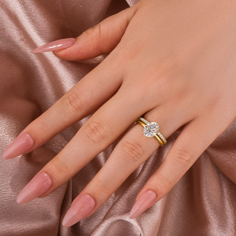 Moissanite 2.0 Ct Hidden Halo Solitaire Oval Cut Yellow Gold Wedding Ring