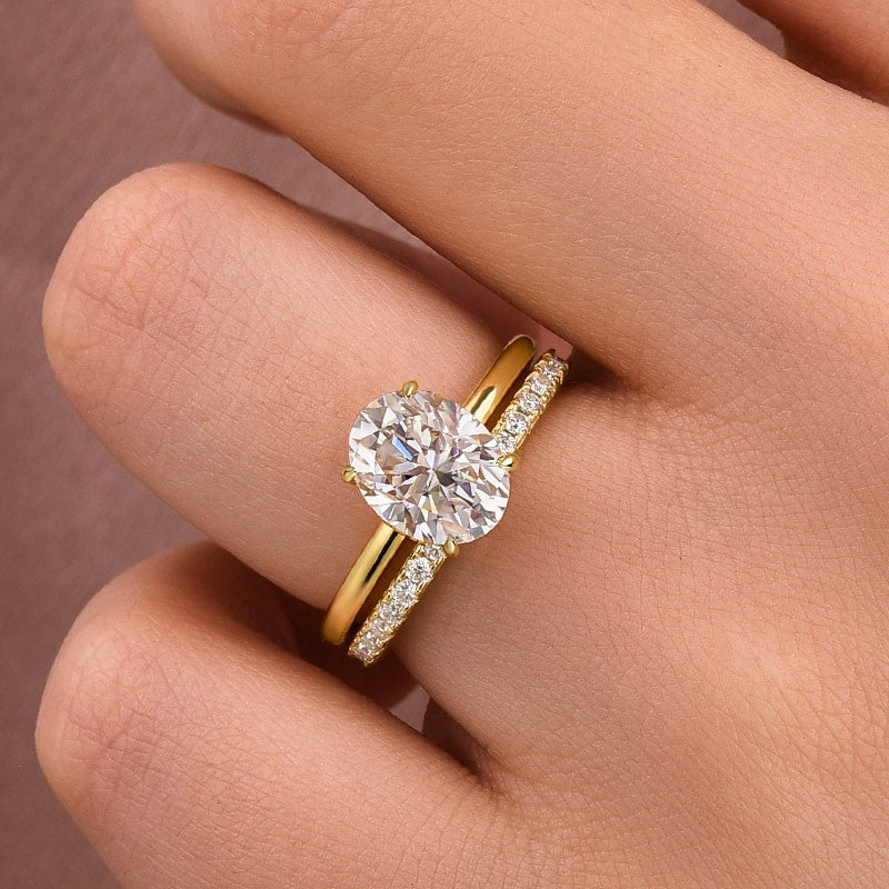 Moissanite 2.0 Ct Hidden Halo Solitaire Oval Cut Yellow Gold Wedding Ring